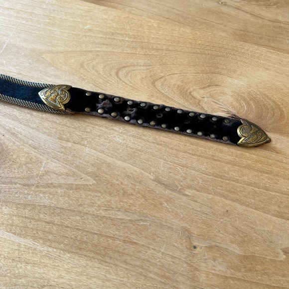 US MECO PARIS BELT VTG BLACK LEATHER METAL MESH BRONZE GROMMET STUDS WESTERN - Picture 4 of 12